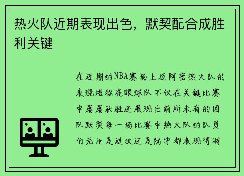 热火队近期表现出色，默契配合成胜利关键
